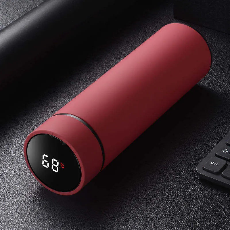 450ml stainless steel insulated water bottle in blue with optional temperature display on lid.