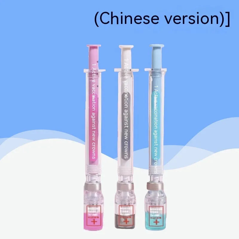 Vaccine design gel pen with syringe-styled plastic barrel and black 0.5mm refill