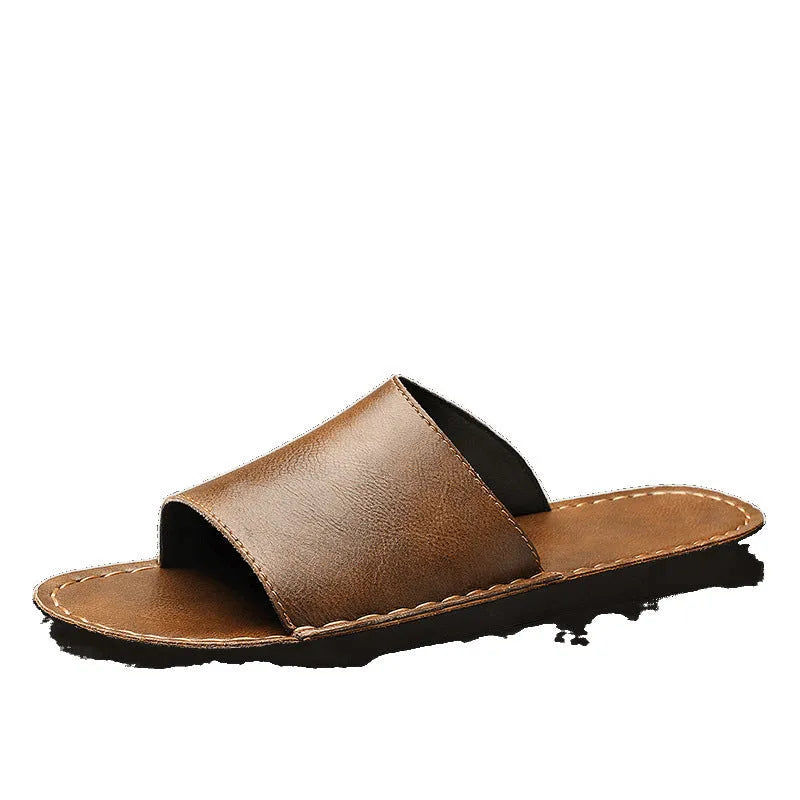 Men's brown and black leather sandals with a rubber sole for casual outdoor wear.