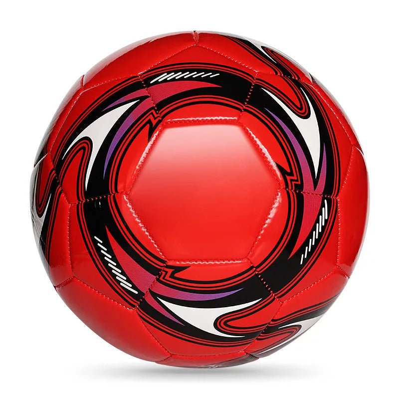 Machine-sewn PVC football in sizes 3, 4, and 5 shown in various colour patterns including red dragon roll and tornado blue.