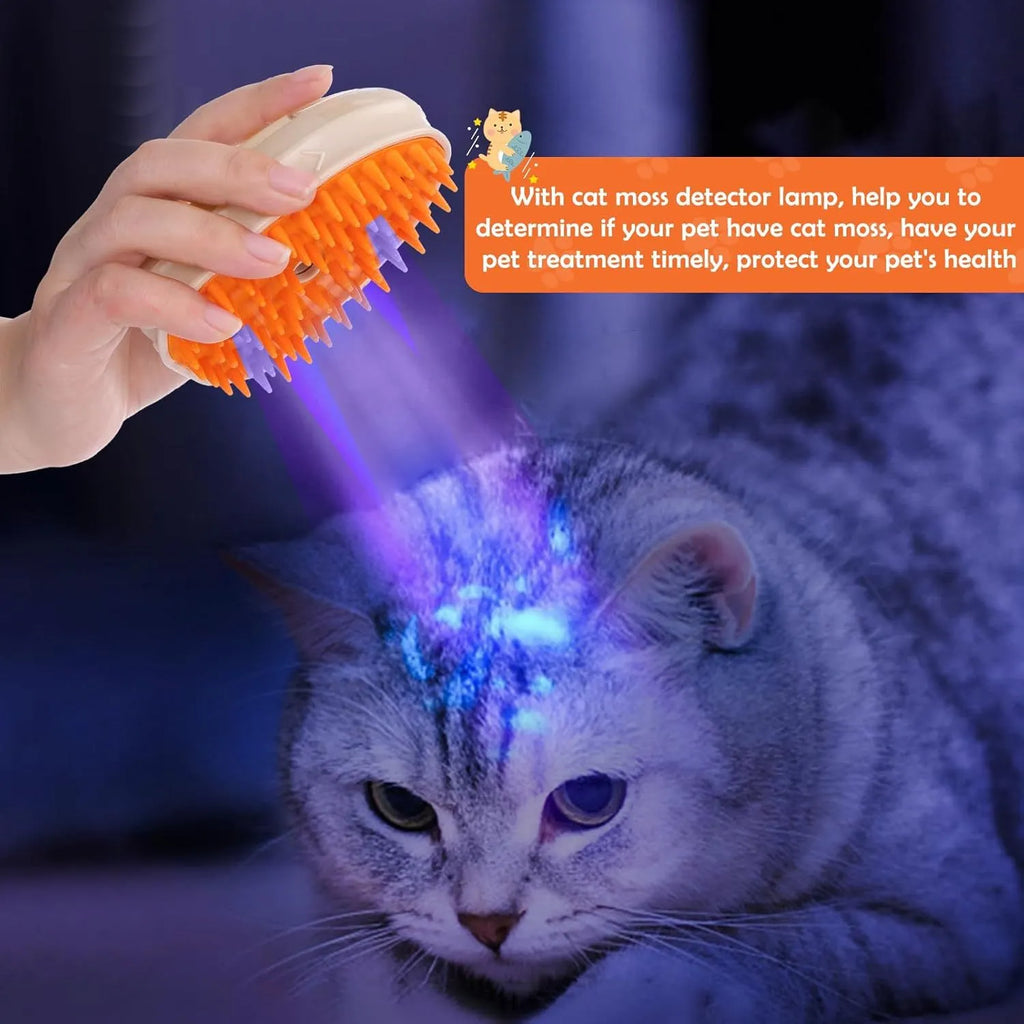Yellow 4-in-1 cat steam brush with water tank, silicone bristles, and UV detection lamp.