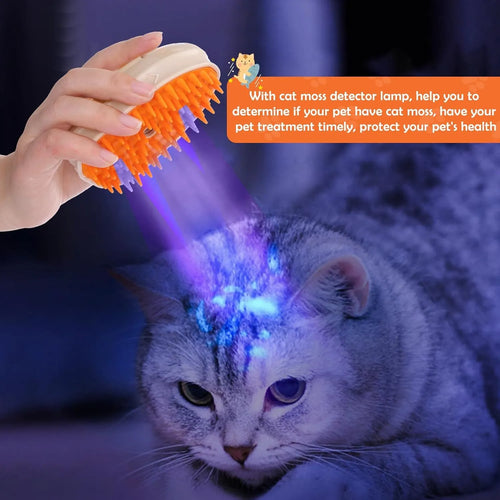 Yellow 4-in-1 cat steam brush with water tank, silicone bristles, and UV detection lamp.