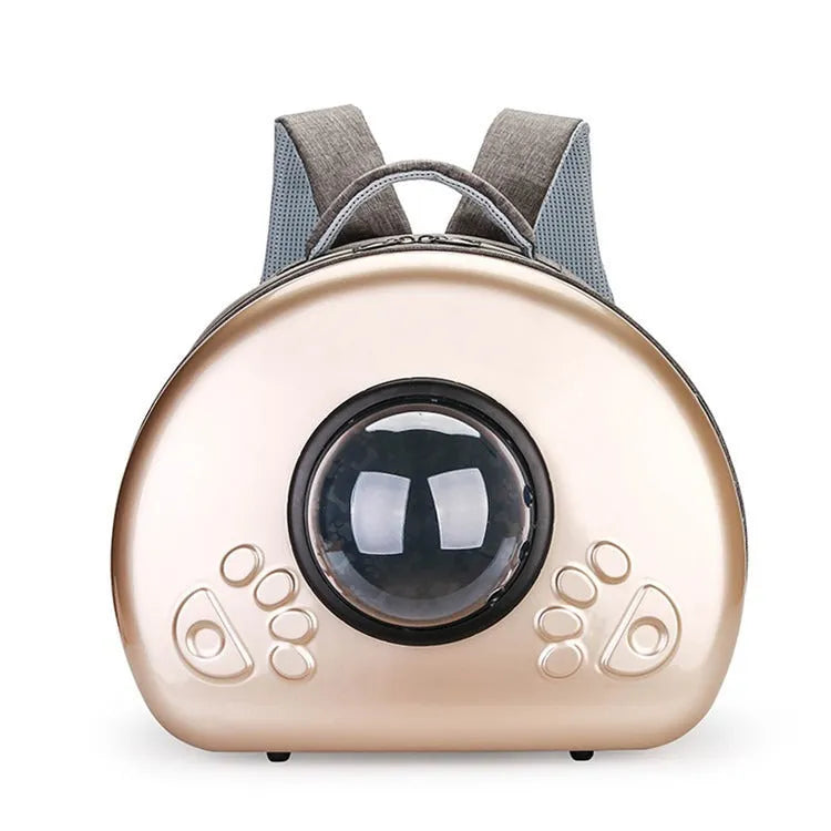 Transparent space capsule cat carrier bag with a metallic hard shell front cover