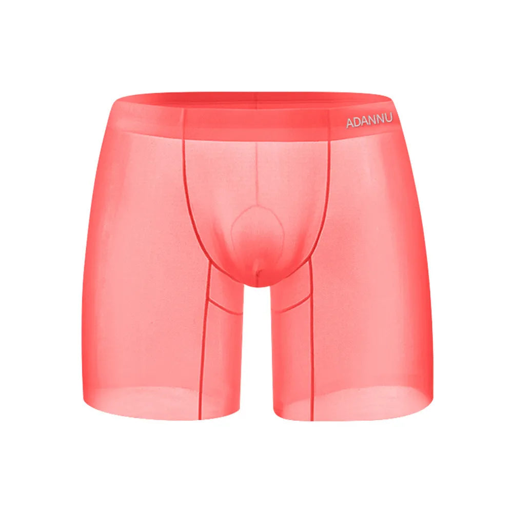 Men's seamless sports boxer briefs in orange, pink, or red, showing low-rise waist and short-length design.