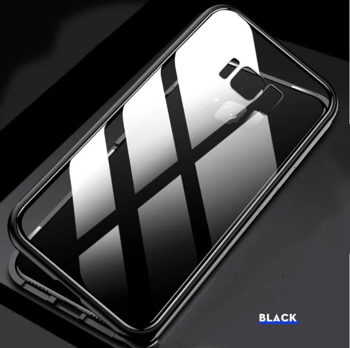 Anti-peeping magnetic clamshell phone case for Samsung Galaxy in black with double-sided glass