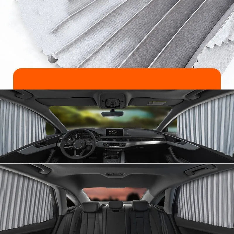 Retractable car sun curtain in thick opaque cloth with roller shutter mechanism