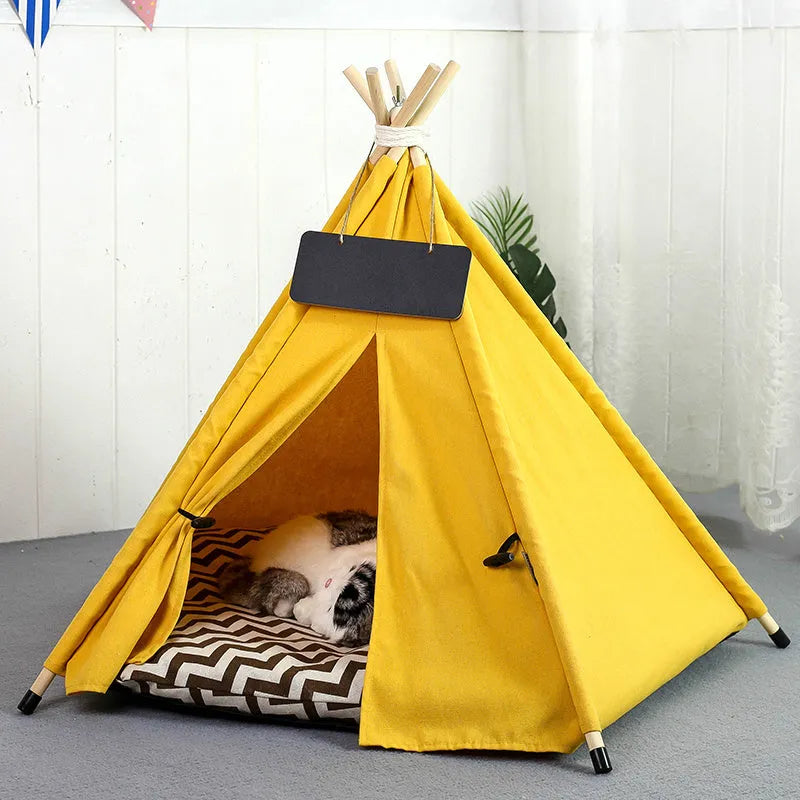 White flax and linen pet teepee tent with striped cushion inside, for small dogs or cats.