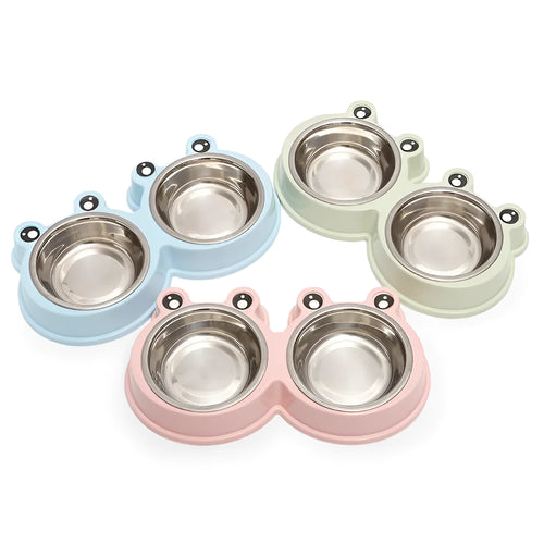 Stainless steel frog-shaped pet bowl set with separate food and water compartments