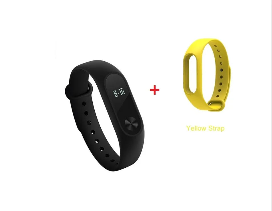 Black Xiaomi Mi Band 2 fitness tracker with OLED screen on a wrist.