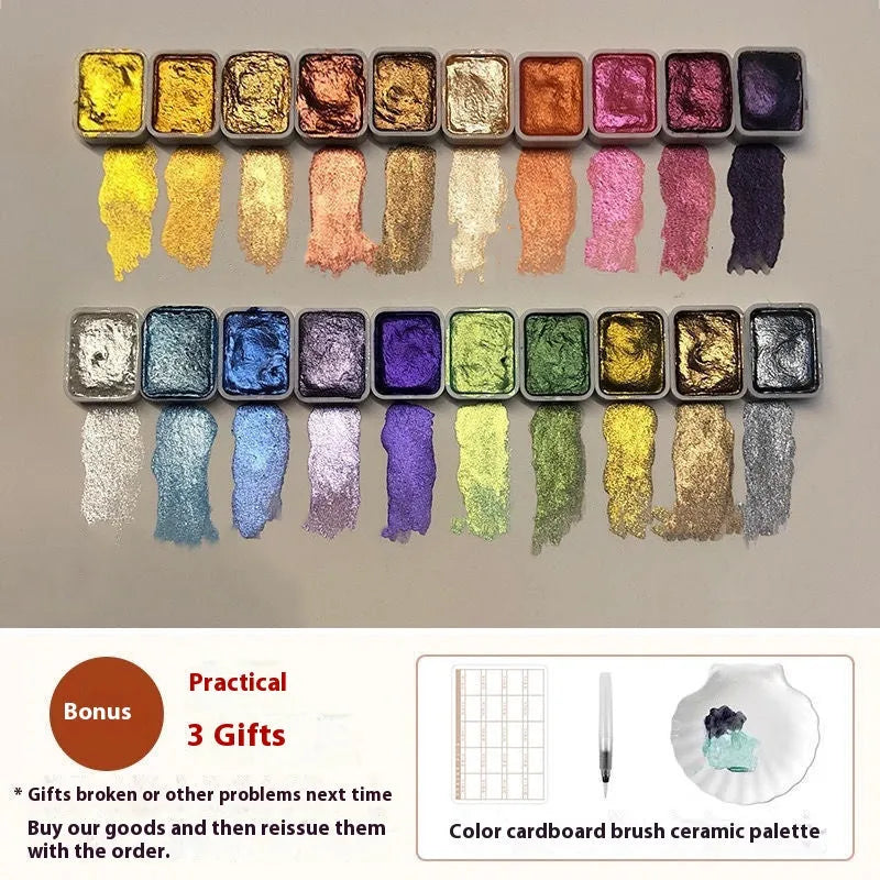 Traditional Chinese painting mineral pearlescent watercolour set showing tubes of 20 colours plus red and white gold