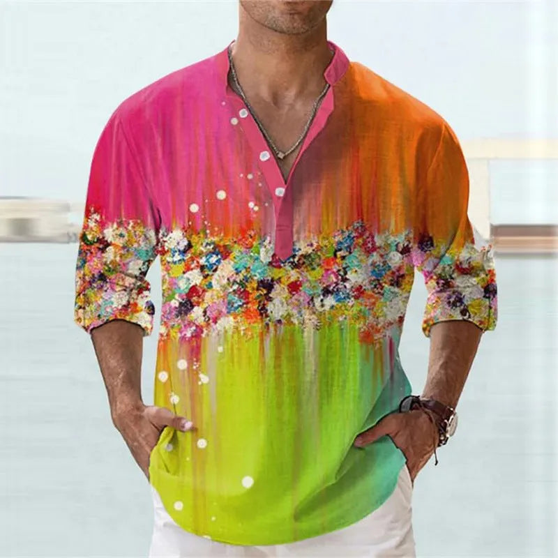 British style striped bamboo hemp shirt with 3D thermal transfer pattern for teenage summer wear