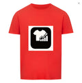 Red striped short sleeve t-shirt with Japanese retro style, laid flat.