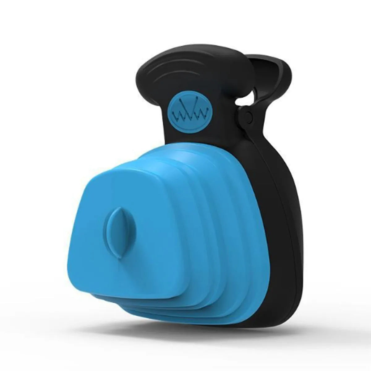 Handheld portable pooper scooper with expandable container and clip for dog waste collection in blue green grey or yellow