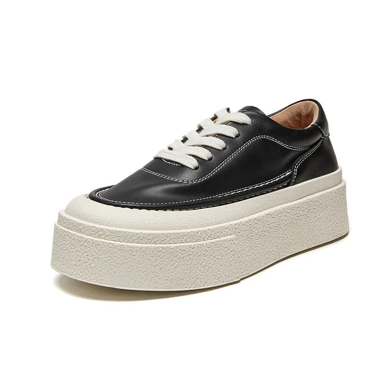 Women's black platform sports board shoes with embossed cowhide upper and tie fastening