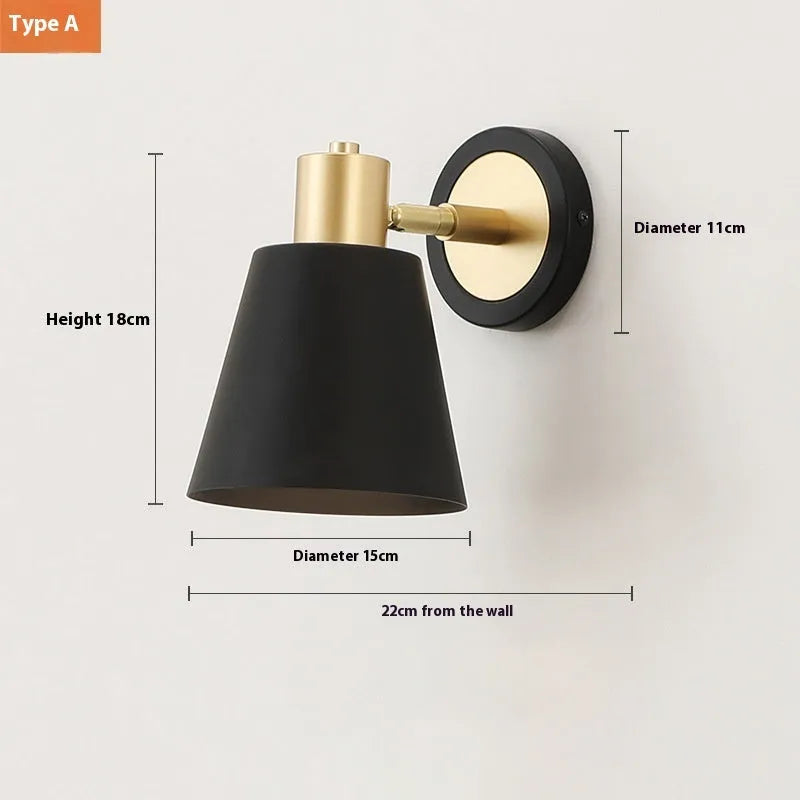 Nordic style iron wall lamp mounted beside bed with LED light illumination