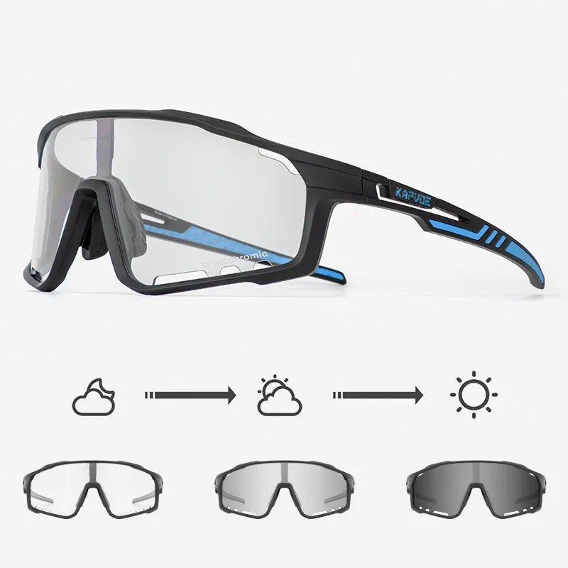 Photochromic cycling sunglasses with a semi-rimless TR90 frame, shown in one of multiple available colours.