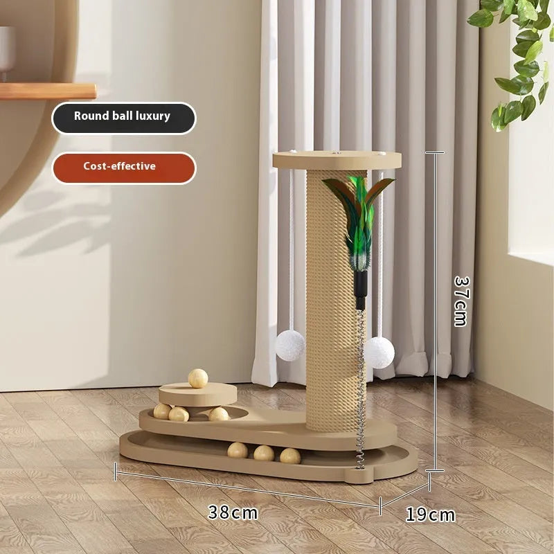 Solid wood cat turntable scratching post with oval mushroom design and natural finish for indoor climbing