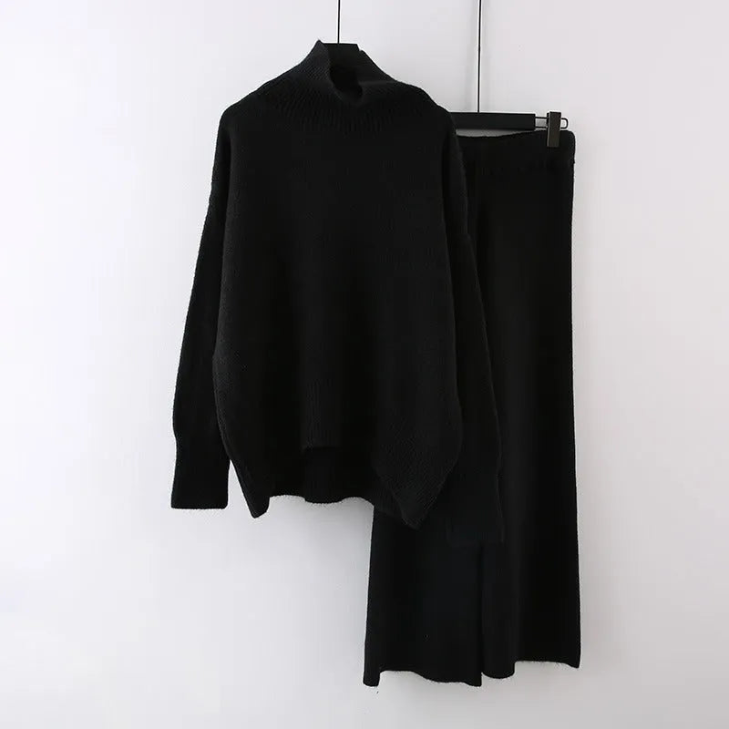 Women's solid colour sweater and wide leg trousers two-piece set in beige, shown as a coordinated outfit.