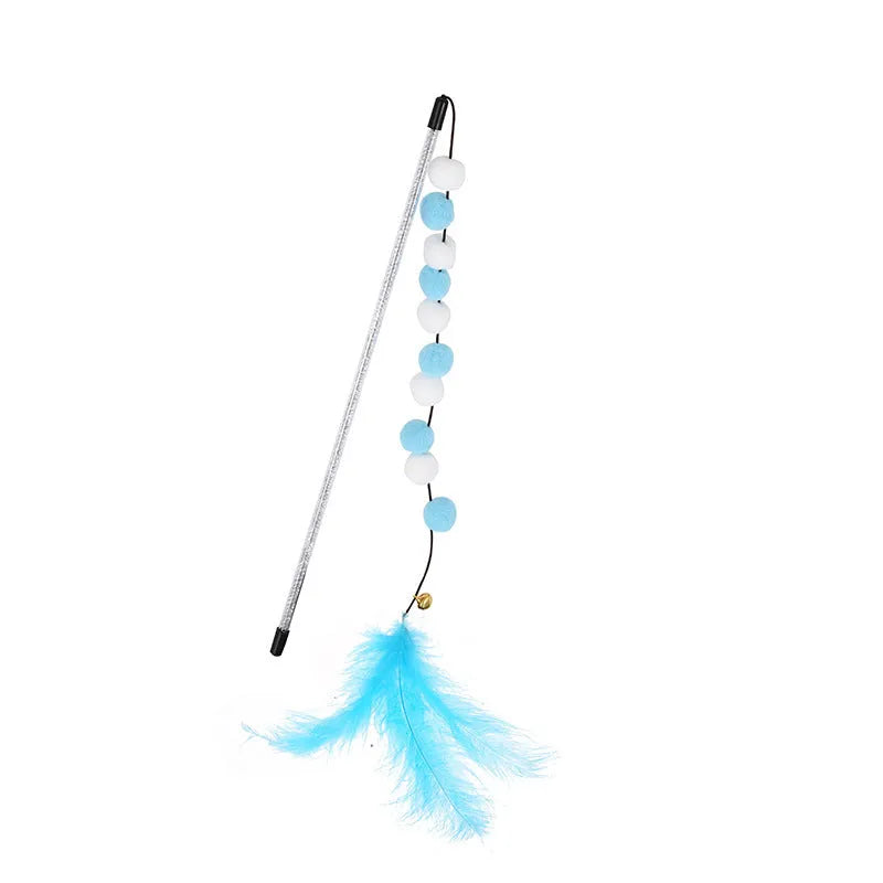 Grey and yellow cat teaser stick with a bell and a pompon feather, shown next to a blue and pink version.