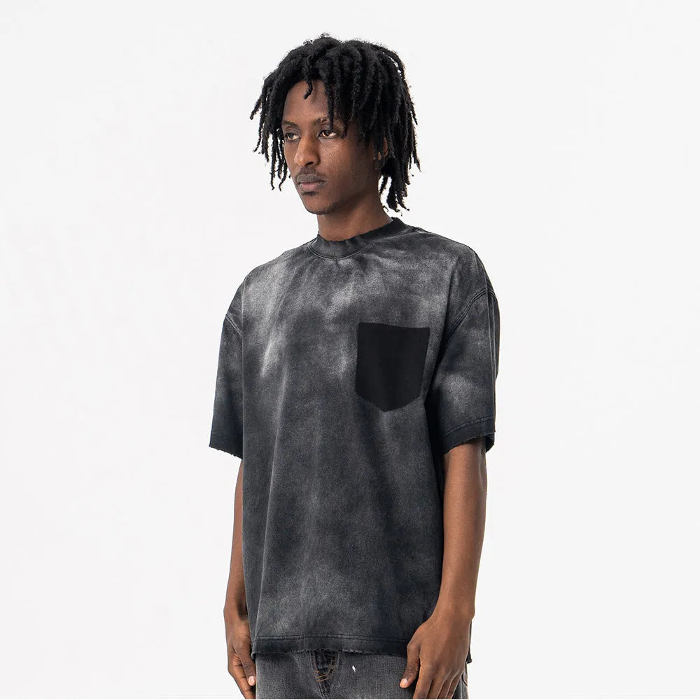 Black men's loose-fit cotton t-shirt with a letter print and drop-shoulder sleeves.