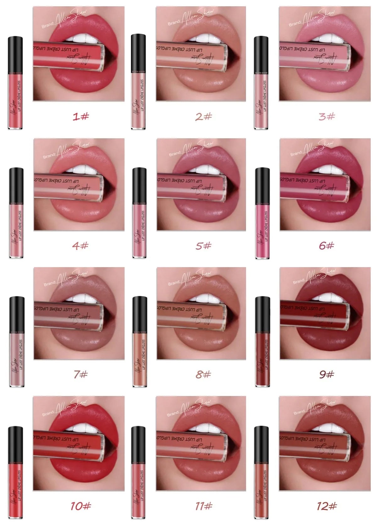 Mineral-based silky cream texture lip gloss tube showing available colour options