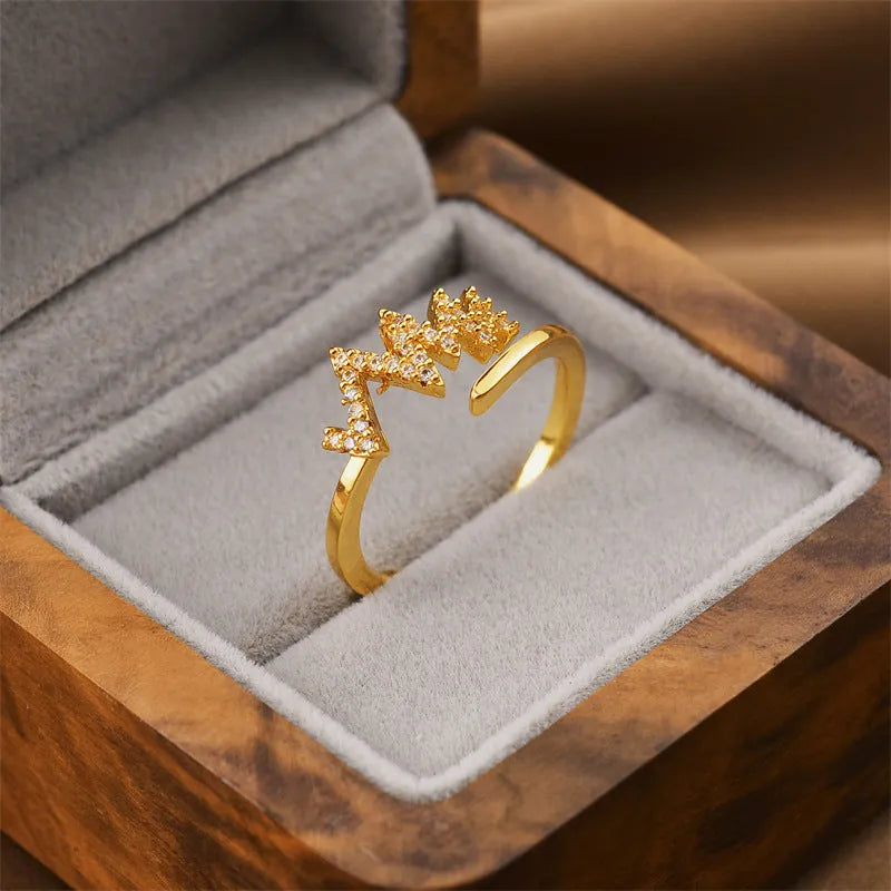 Women's geometric open ring in electroplated gold colour on a copper base.