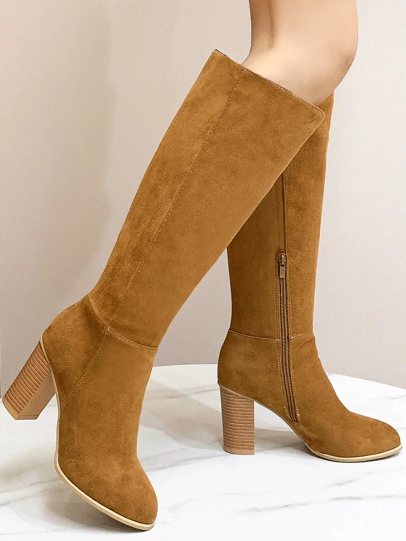 Women's black square toe high heel fashion boot made of artificial PU leather