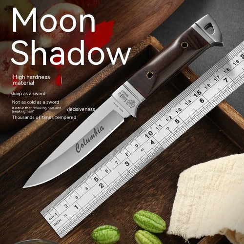 Camping multifunctional portable fruit knife with stainless steel blade and leather protective case.
