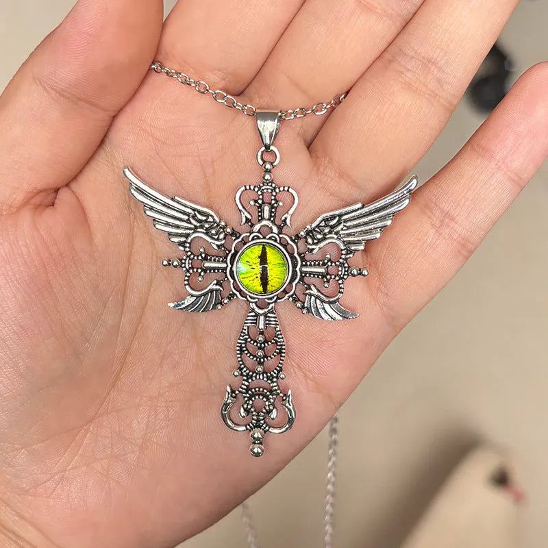 Alloy devil wings and cross geometric pendant necklace on a chain.