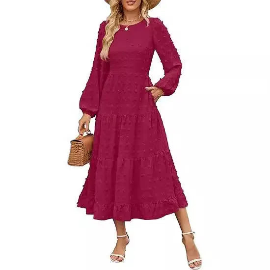 Women's beige long sleeve casual dress with ruffled sleeves and a high waist, shown on a hanger.