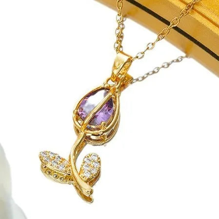 Zircon tulip necklace with flower pendant on adjustable titanium steel chain in gold colour