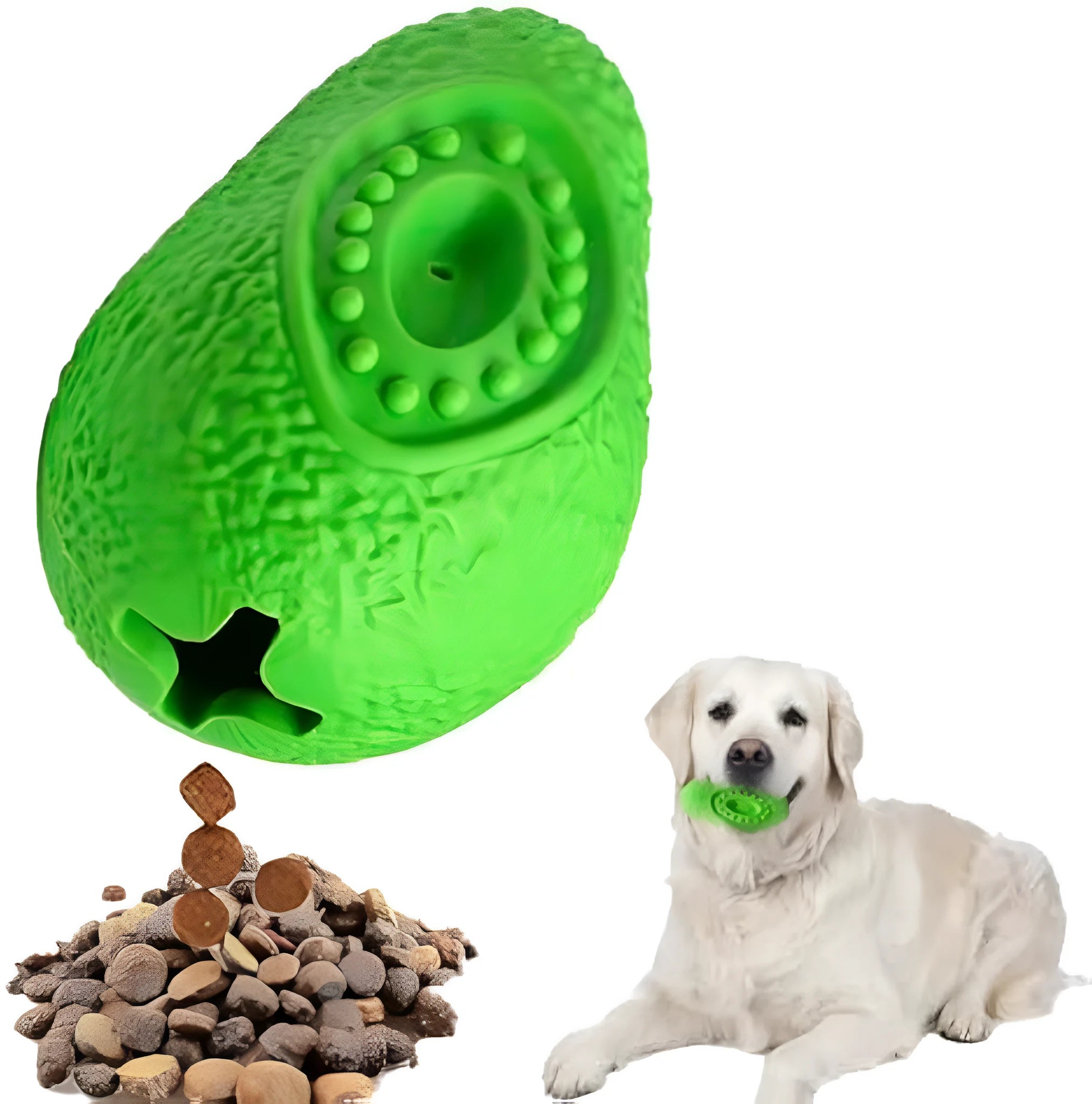 Green avocado-shaped natural rubber dog chew toy with textured surface