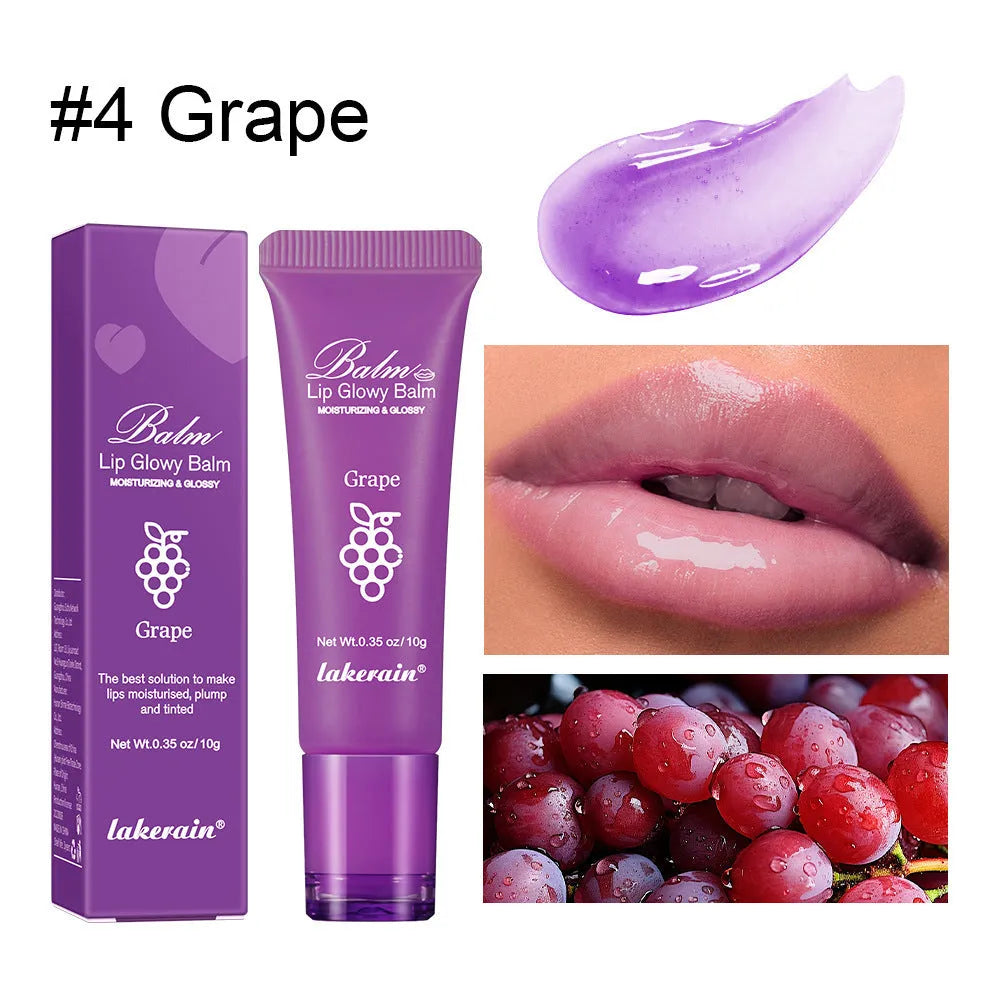 Women's lip gloss in four flavour varieties: yellow peach, berry, pomelo, and grape