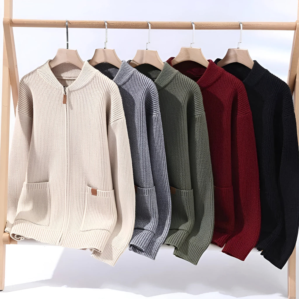 Men's striped cardigan jacket in a straight fit, shown in beige colour.