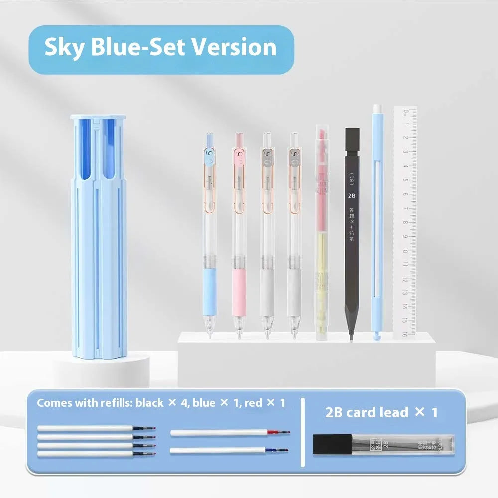 Plastic six pens pencil case set in vigorous white, sky blue, and girl pink colours