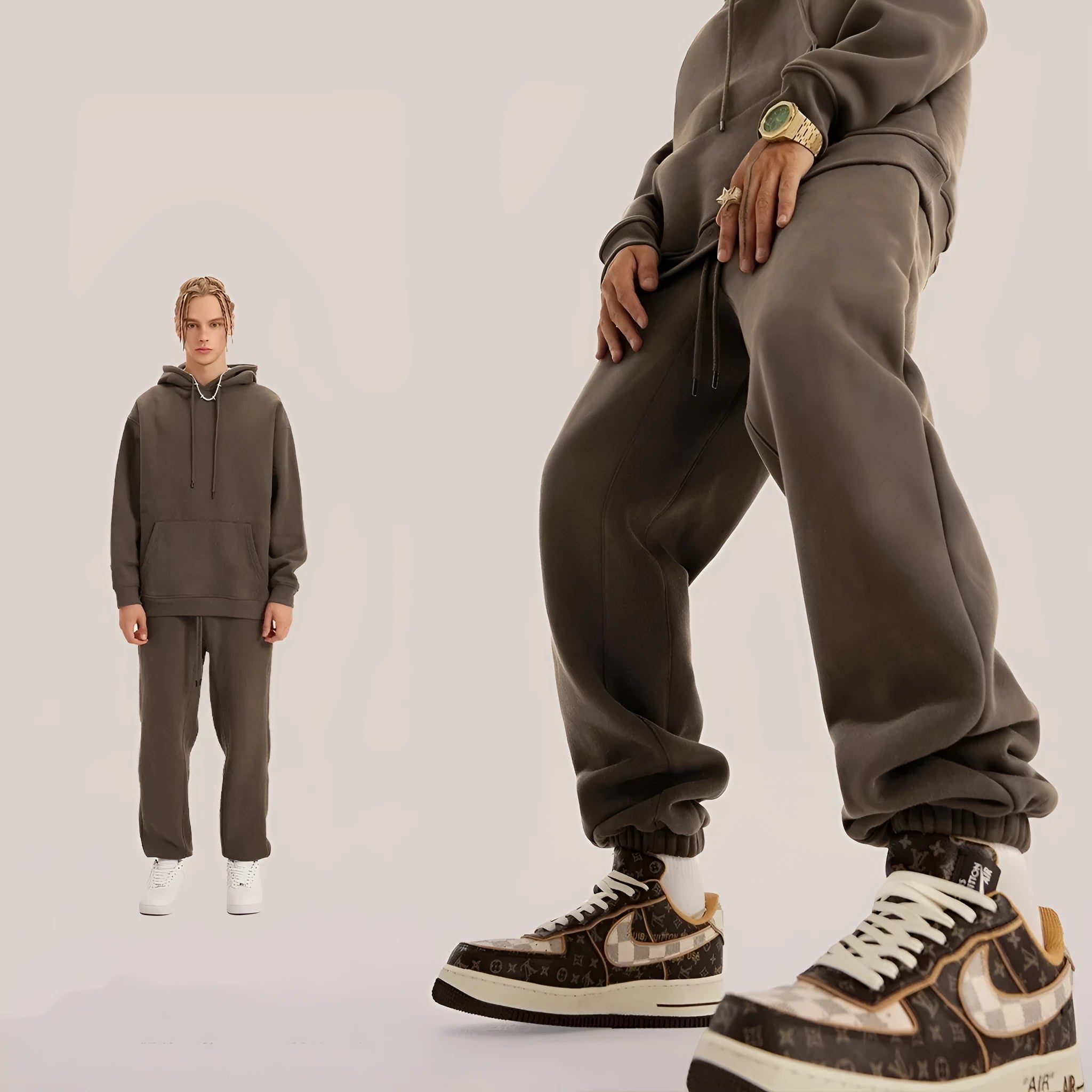 Men's solid colour velvet sweatpants with ankle banding in mid waist design