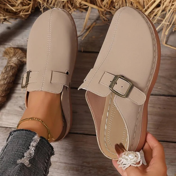 Women's casual wedge slippers in light brown with cloth upper and rubber sole