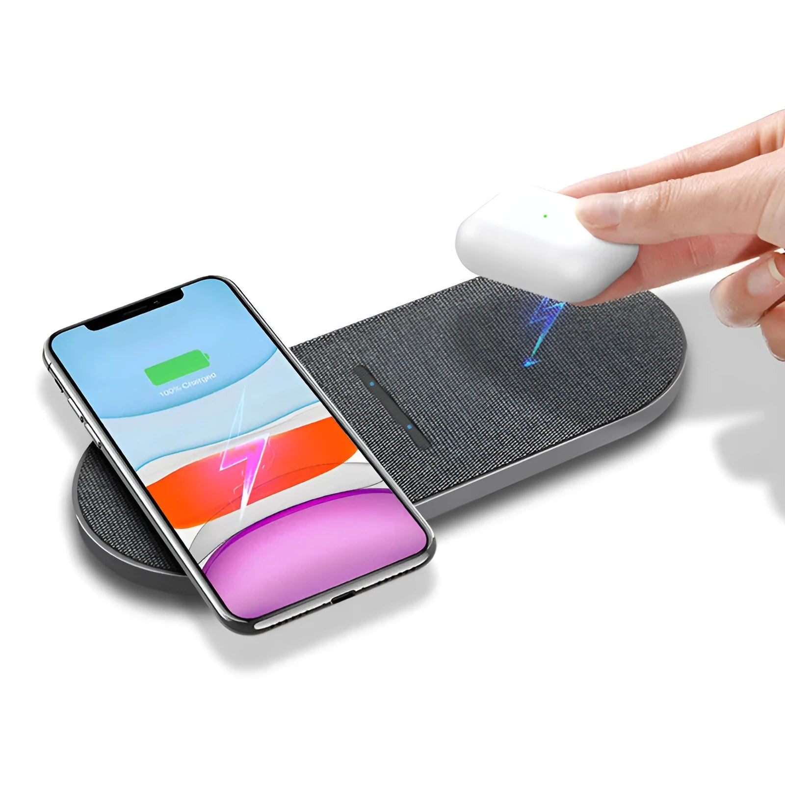 Black dual wireless charging pads with Type-C and USB cables for phone and earbud charging