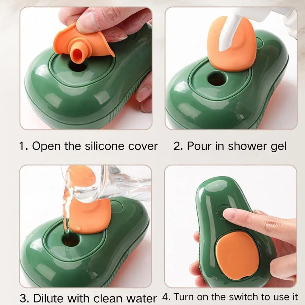 Green and white cat steam brush with water reservoir and silicone grooming teeth