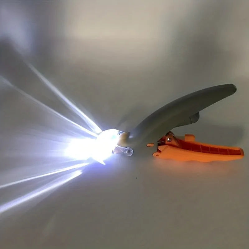 Yellow handheld LED pet nail trimmer with magnifying glass and steel blades for cats and dogs