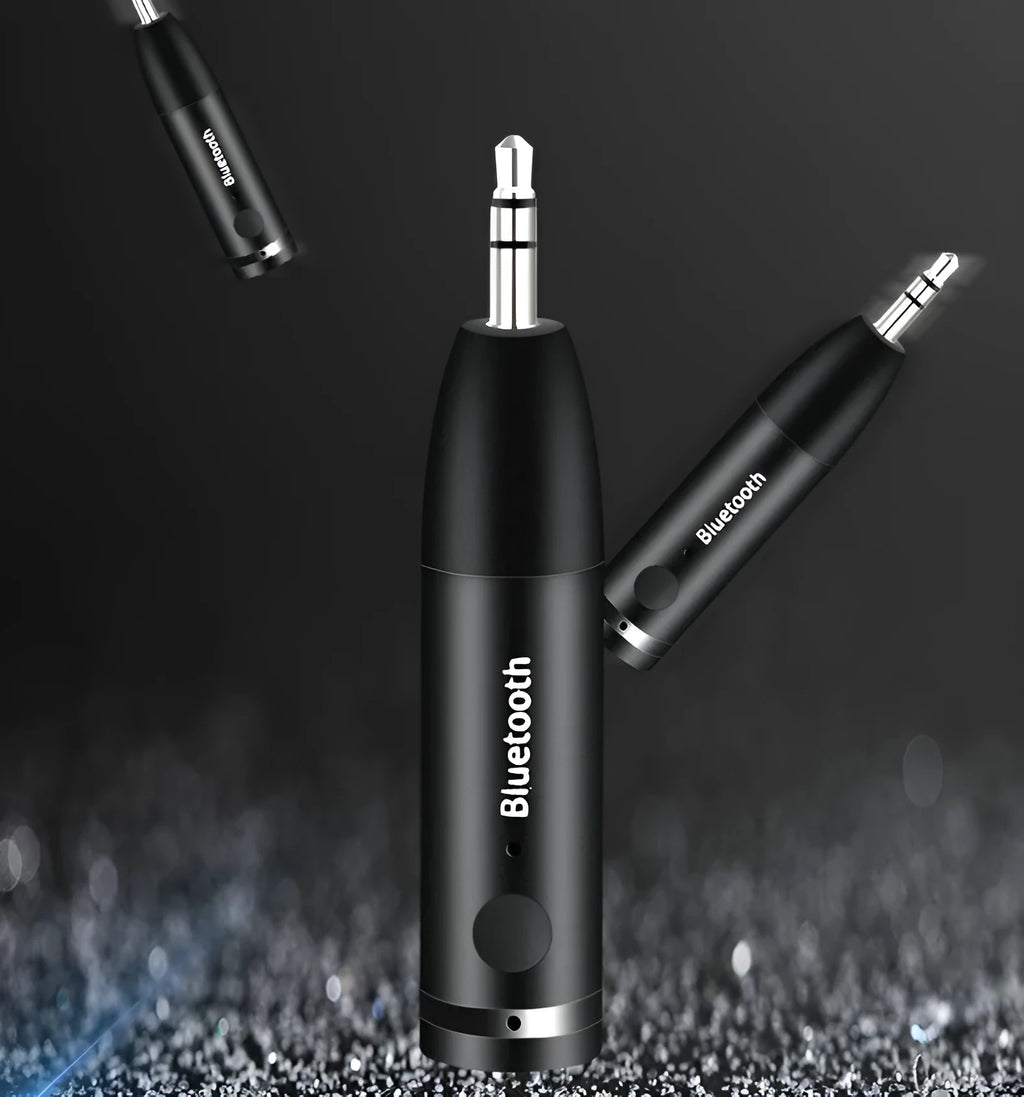 Black Bluetooth audio receiver with AUX cable for car stereo wireless music streaming