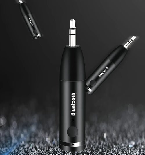 Black Bluetooth audio receiver with AUX cable for car stereo wireless music streaming