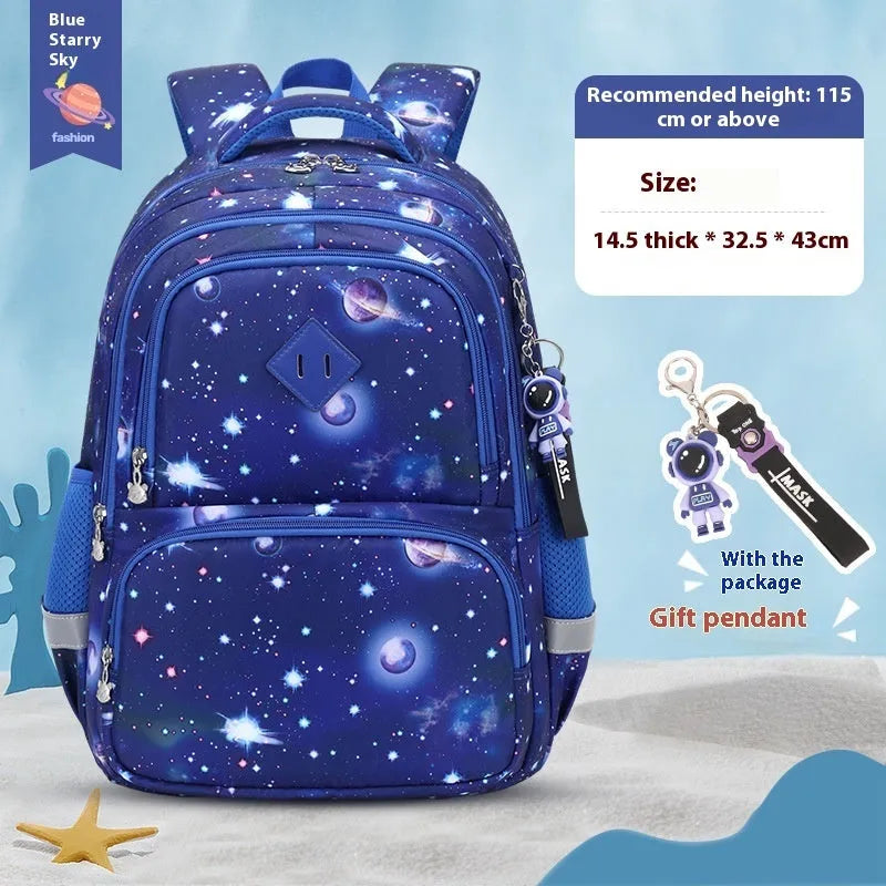 Blue children's school backpack with dinosaur print, showing curved straps and modern design.