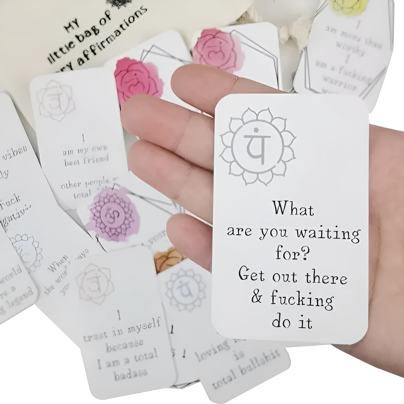 Set of 16 funny affirmation cards in adorable healing series style with colour printing