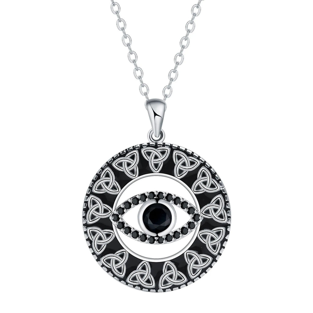 Devil's Eye necklace for women with copper pendant and cross chain in electroplated silver-tone finish