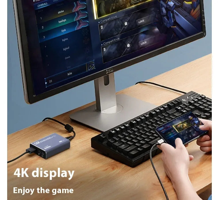 Black 4K gaming set-top box with MS2131 chip for audio recording and 1080p media playback.