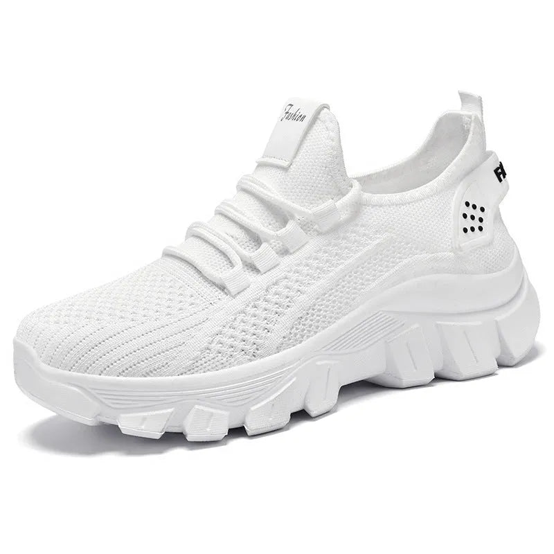 Women's breathable Flyknit sneaker with thick bottom PVC sole and round toe in white, pink, beige, or black.