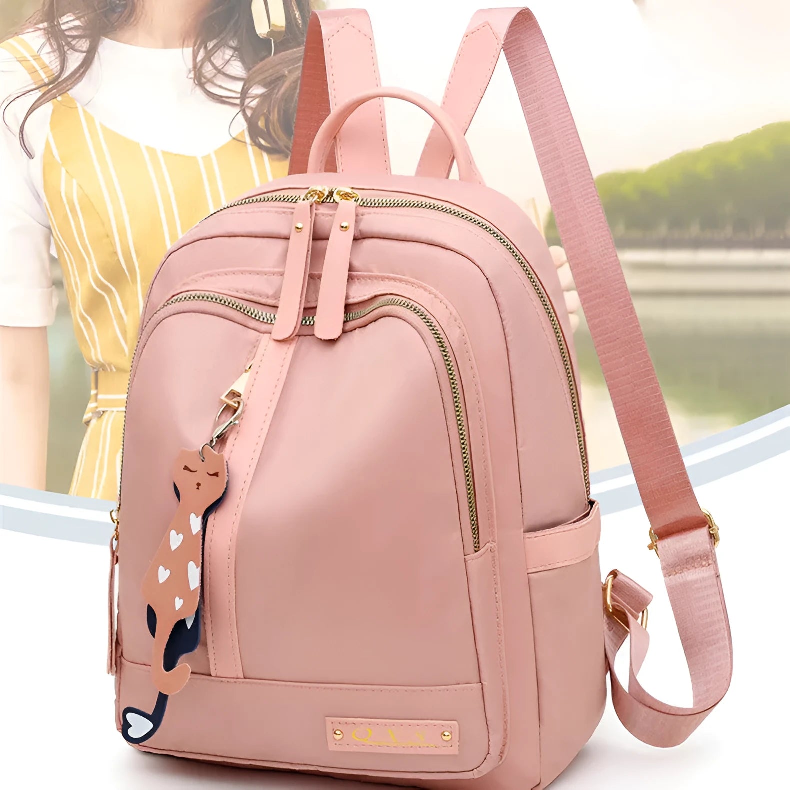 Women's black nylon backpack with waterproof lining and multiple zippered compartments