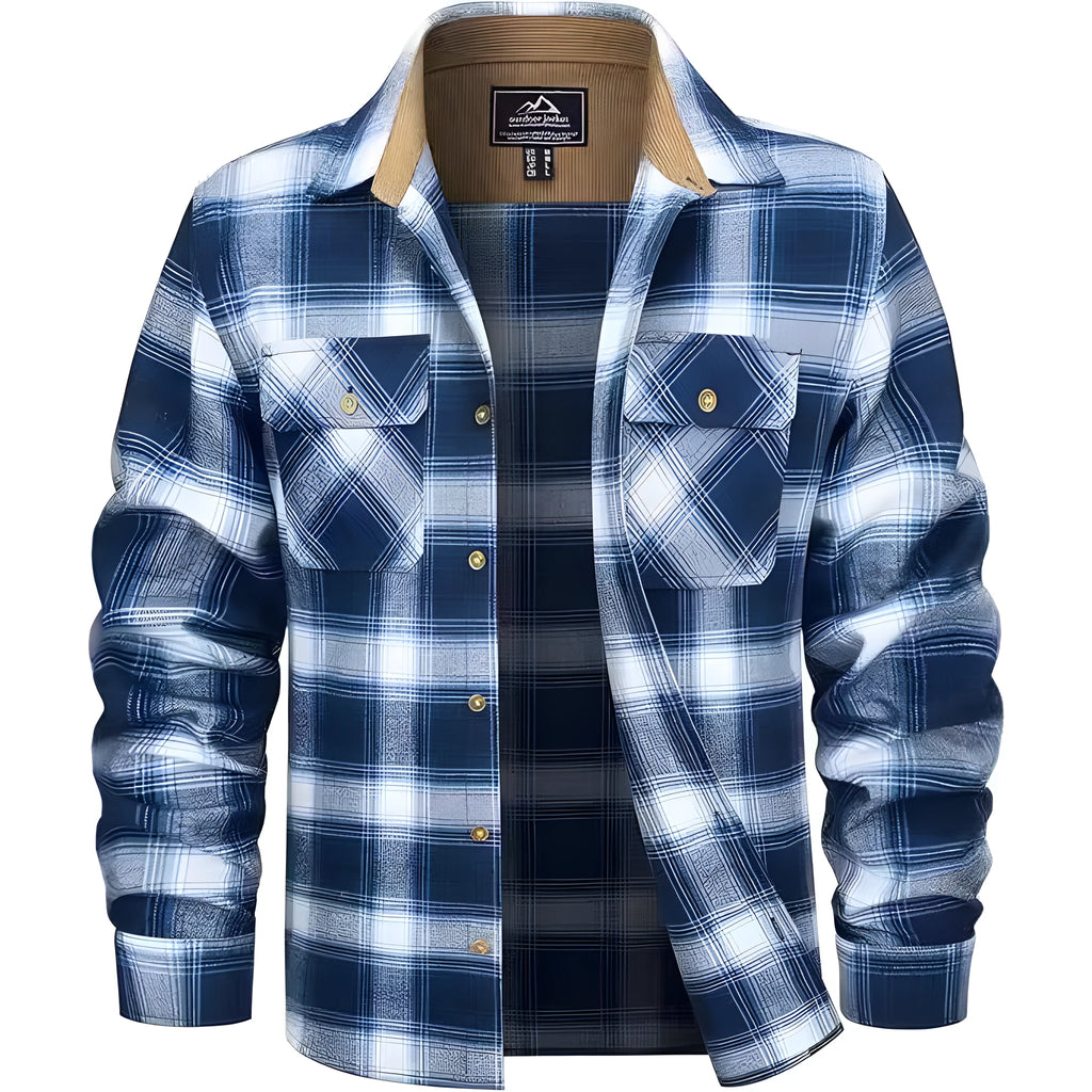 Men's plaid flannel casual button shirt in cardigan style for autumn and winter wear