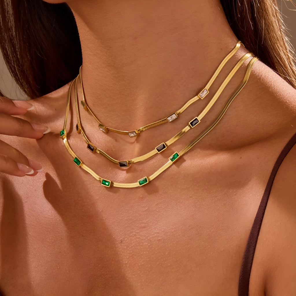 Geometric square zircon necklace with stainless steel flat snake chain in gold or steel colour